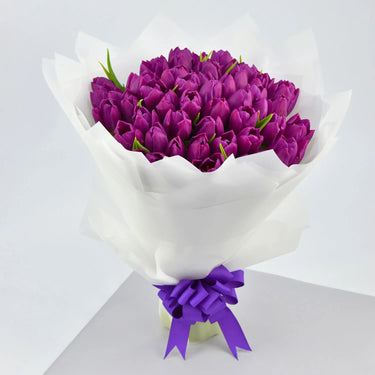 Purple Tulip Grandeur, Elegance in Every Bloom, Purple Tulips, White Color Wrapping, Purple Ribbon